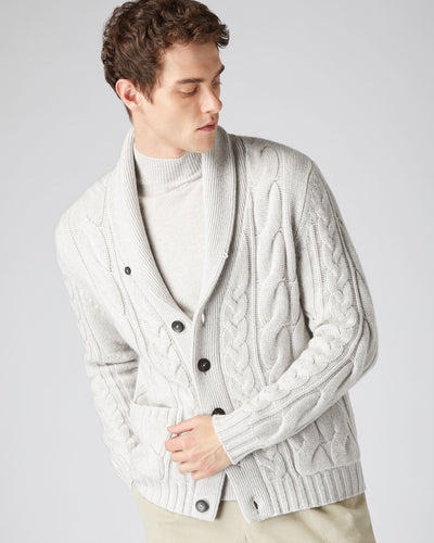 N.Peal Men's Chunky Cable Cashmere Cardigan Pebble Grey