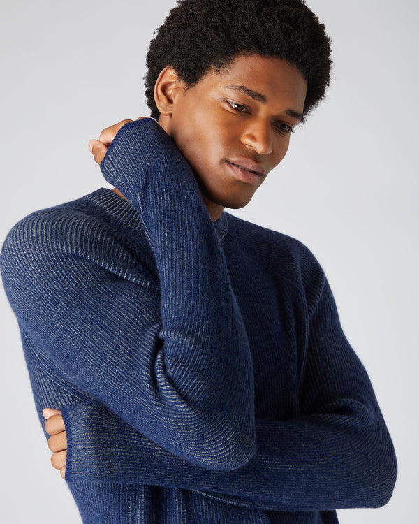 N.Peal Men's Two Tone Rib Cashmere Sweater French Blue