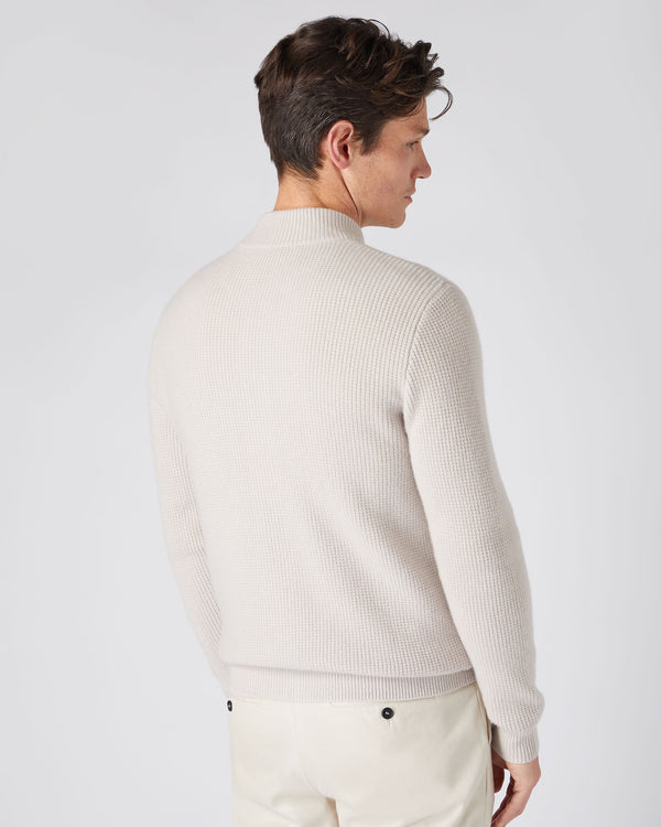 N.Peal Men's Textured Full Zip Cashmere Sweater Snow Grey