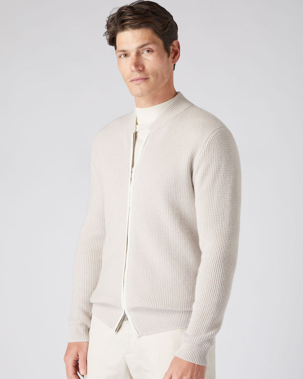 N.Peal Men's Textured Full Zip Cashmere Sweater Snow Grey
