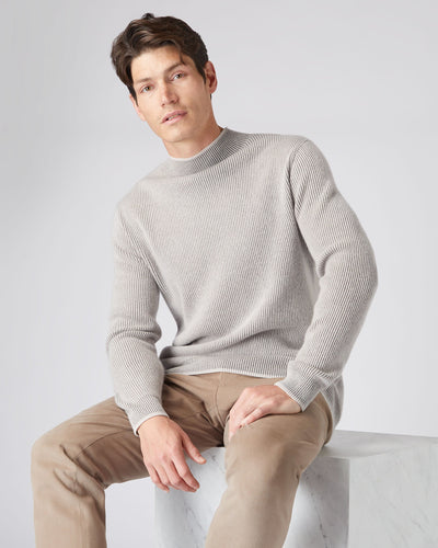 N.Peal Men's Two Tone Funnel Neck Cashmere Sweater Snow Grey