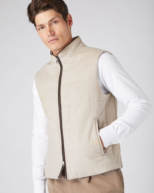 N.Peal Men's Rib Side Woven Cashmere Gilet Oatmeal Brown