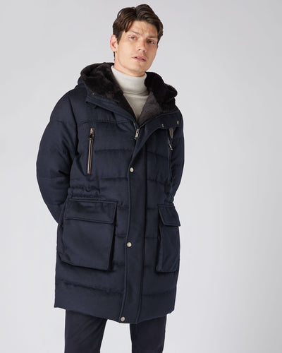 N.Peal Men's Fur Hooded Quilted Coat Navy Blue PRE-ORDER