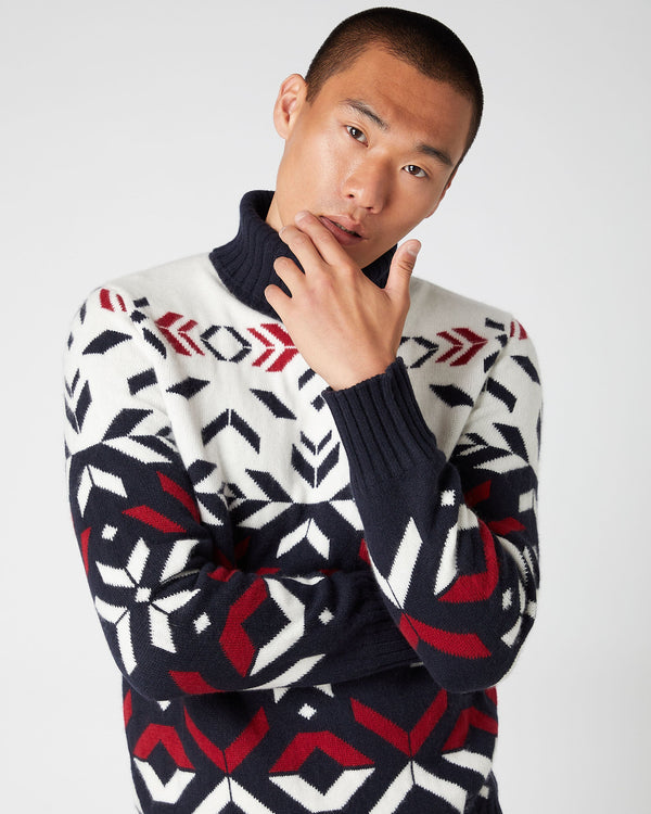 N.Peal Unisex Jacquard Pattern Cashmere Sweater Navy Blue