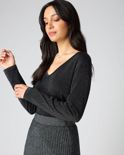 N.Peal Women's Superfine V Neck Cashmere Sweater With Lurex Black Sparkle