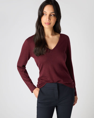 N.Peal Women's Superfine V Neck Cashmere Sweater Burgundy Red