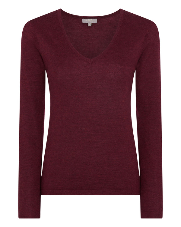 Women's Superfine V Neck Cashmere Sweater Burgundy Red