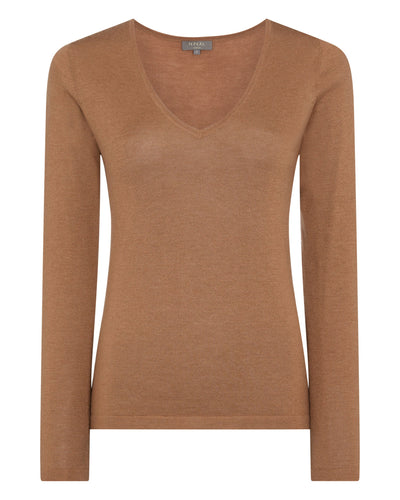 N.Peal Women's Superfine V Neck Cashmere Sweater Dark Camel Brown