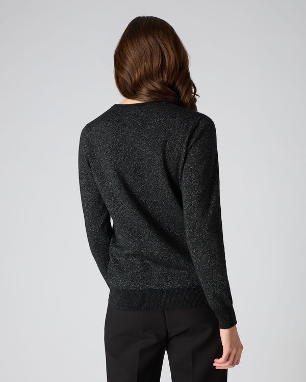 N.Peal Women's Round Neck Sweater With Lurex Black Sparkle