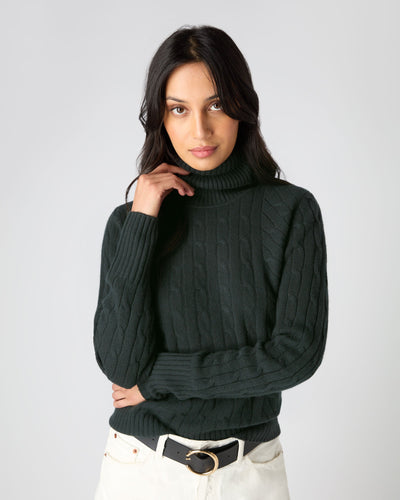 N.Peal Women's Cable Turtle Neck Cashmere Sweater Dark Green