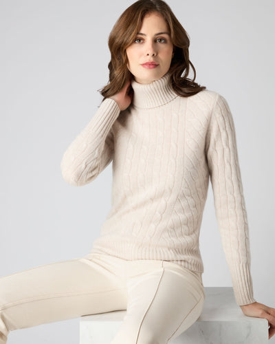 N.Peal Women's Cable Turtle Neck Cashmere Sweater Ecru White