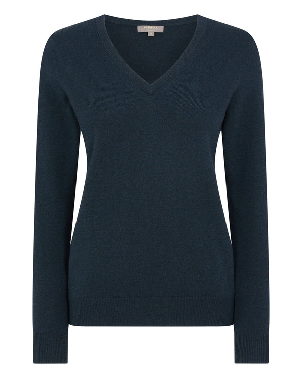 N.Peal Women's V Neck Cashmere Sweater Grigio Blue
