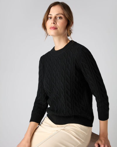 N.Peal Women's Round Neck Cable Cashmere Sweater Black