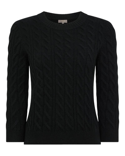 N.Peal Women's Round Neck Cable Cashmere Sweater Black