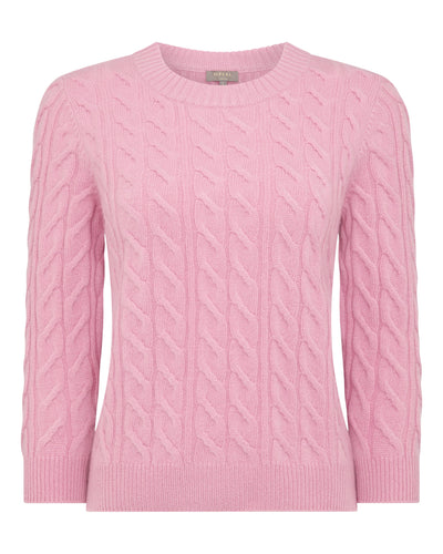N.Peal Women's Round Neck Cable Cashmere Sweater Burano Pink