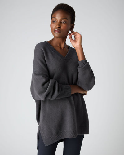 N.Peal Women's Oversized V Neck Cashmere Sweater Flint Grey