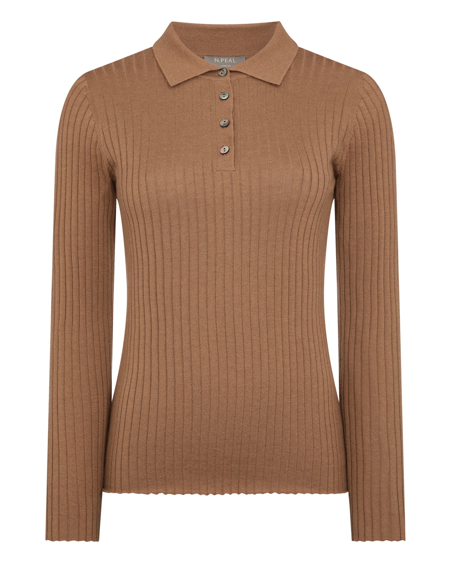 N.Peal Women's Superfine Collared Rib Cashmere Jumper Dark Camel Brown