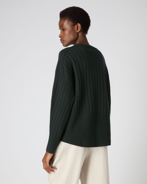N.Peal Women's Wide Rib V Neck Cashmere Sweater Dark Green