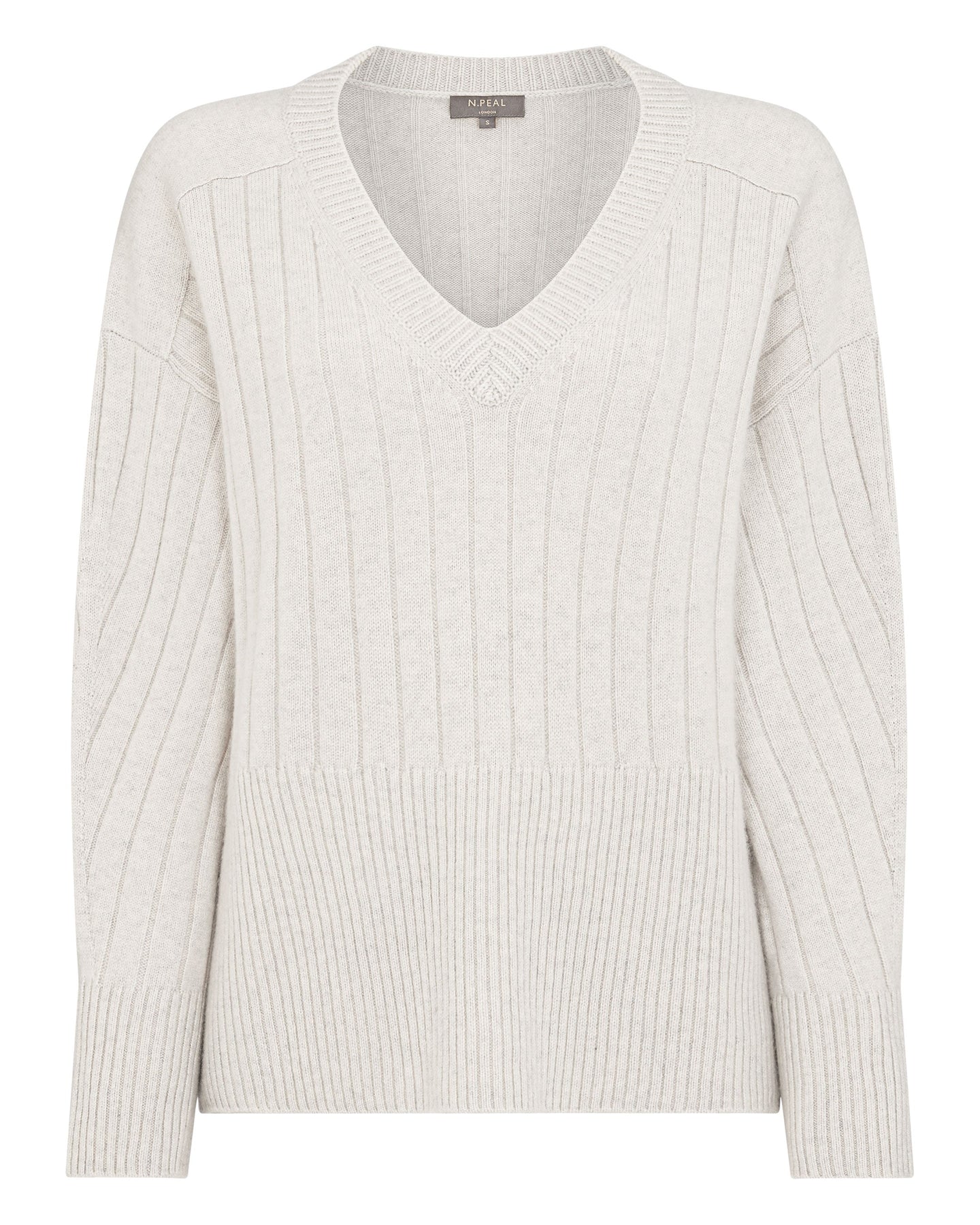 N.Peal Women's Wide Rib V Neck Cashmere Jumper Pebble Grey