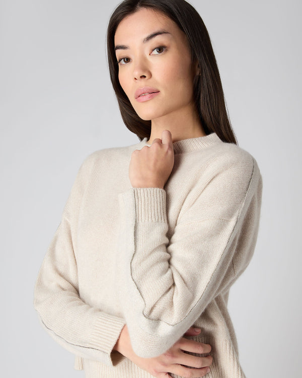 N.Peal Women's Chunky Crop Metal Trim Cashmere Sweater With Lurex Ecru White Sparkle
