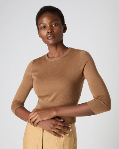 N.Peal Women's Superfine Crop Cashmere Sweater Dark Camel Brown