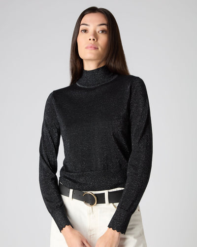 N.Peal Women's Crop Mock Neck Sweater With Lurex Black Sparkle