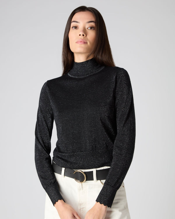 Women's Crop Mock Neck Sweater With Lurex Black Sparkle