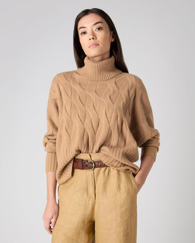 N.Peal Women's Relaxed Cable Turtle Neck Cashmere Sweater Sahara Brown