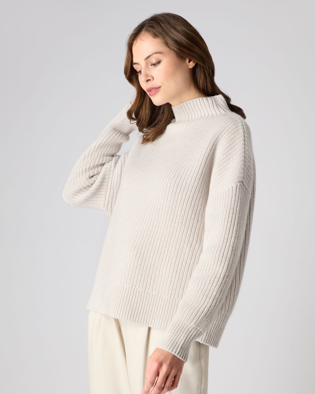 Women's Cable Turtle Neck Cashmere Sweater Ecru White