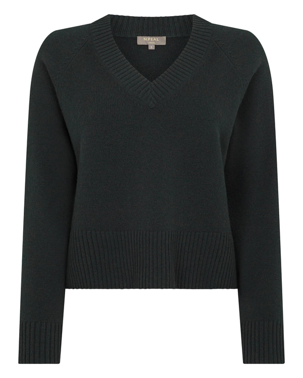 N.Peal Women's Crop Raglan Cashmere Sweater Dark Green