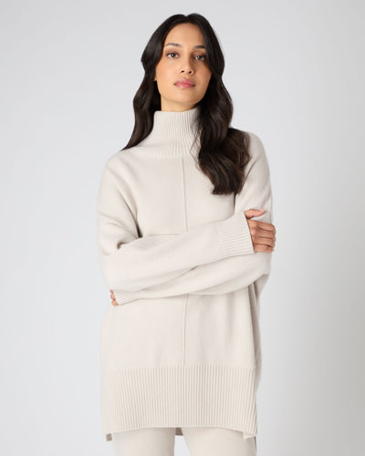 N.Peal Women's Mock Neck Long Cashmere Sweater Snow Grey