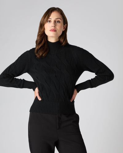 N.Peal Women's Cable Funnel Neck Cashmere Sweater Black
