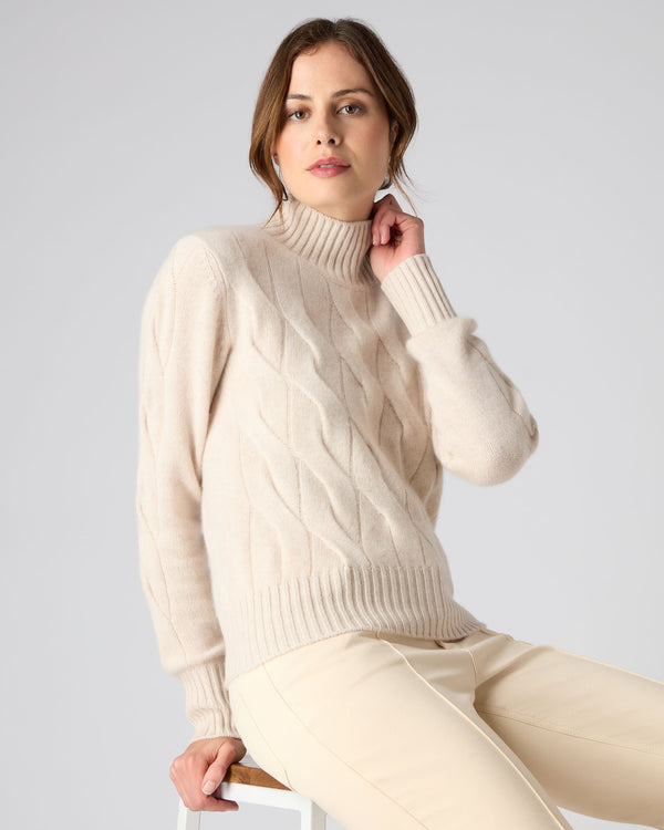 Women's Cable Funnel Neck Cashmere Sweater Ecru White