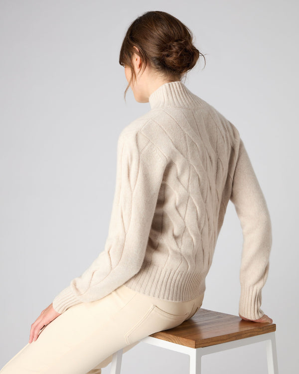N.Peal Women's Cable Funnel Neck Cashmere Sweater Ecru White