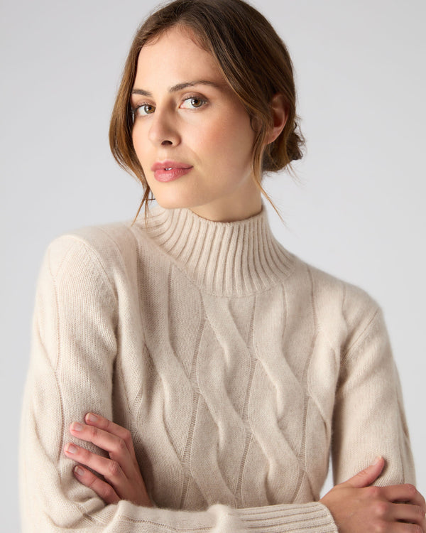 Women's Cable Funnel Neck Cashmere Sweater Ecru White