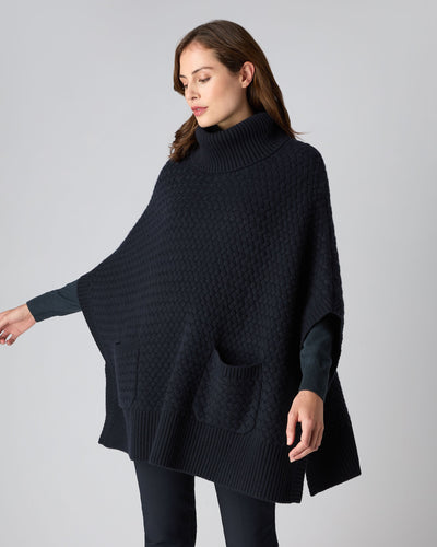 N.Peal Women's Basketweave Cashmere Poncho Navy Blue
