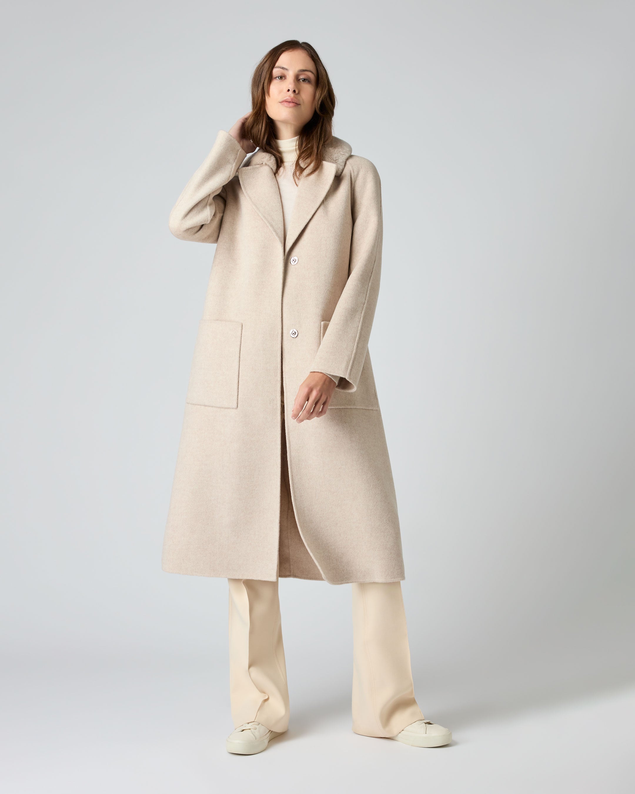 Women's Fur Collar Woven Cashmere Coat Beige Brown | N.Peal