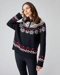N.Peal Women's Jacquard Half Zip Cashmere Sweater Navy Blue