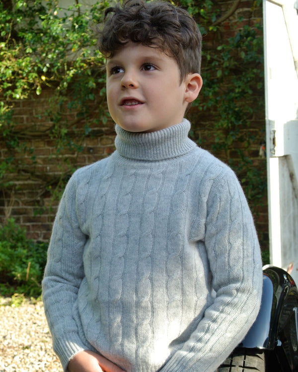 N.Peal Boys Cable Turtle Neck Cashmere Sweater Fumo Grey