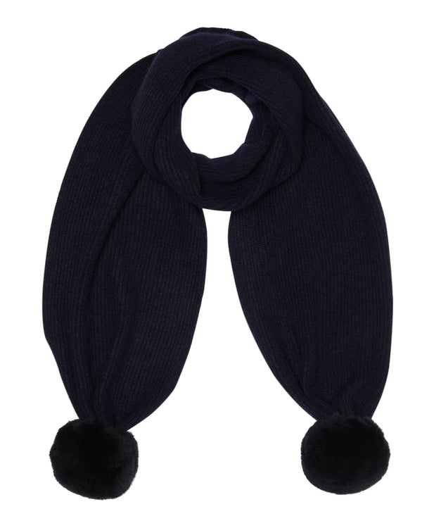 N.Peal Unisex Shearling Pom Ribbed Scarf Navy Blue