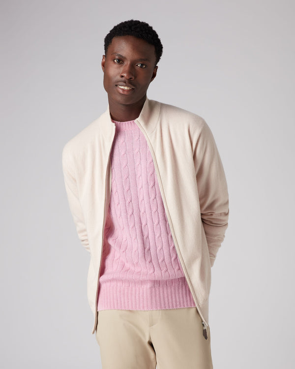 N.Peal Men's The Thames Cable Cashmere Sweater Flamingo Pink