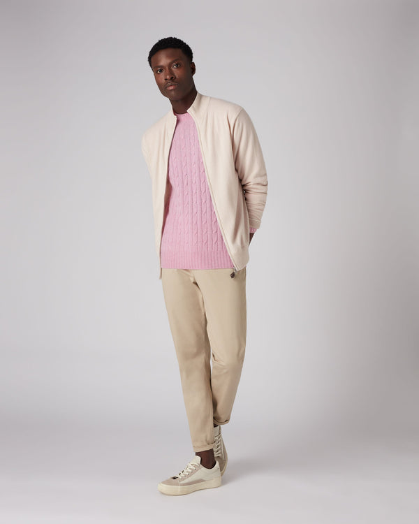 N.Peal Men's The Thames Cable Cashmere Sweater Flamingo Pink