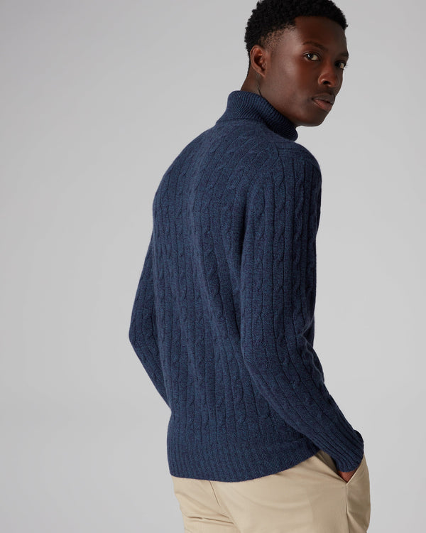 N.Peal Men's Classic Cable Turtle Neck Cashmere Sweater Imperial Blue