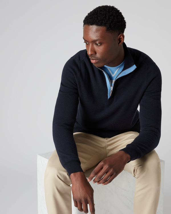 N.Peal Men's Baby Cashmere Half Zip Sweater Navy Blue