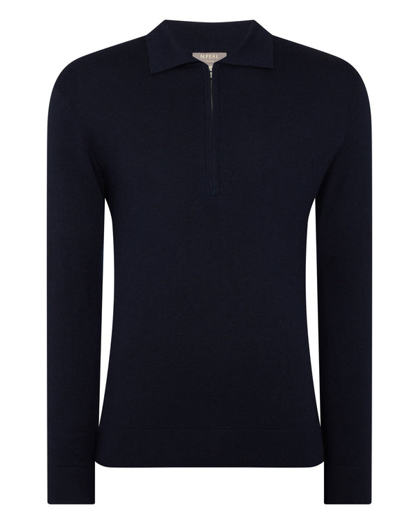 N.Peal Men's Fine Gauge Cashmere Half Zip Shirt Navy Blue