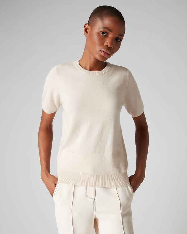 N.Peal Women's Round Neck Cashmere T Shirt Almond White