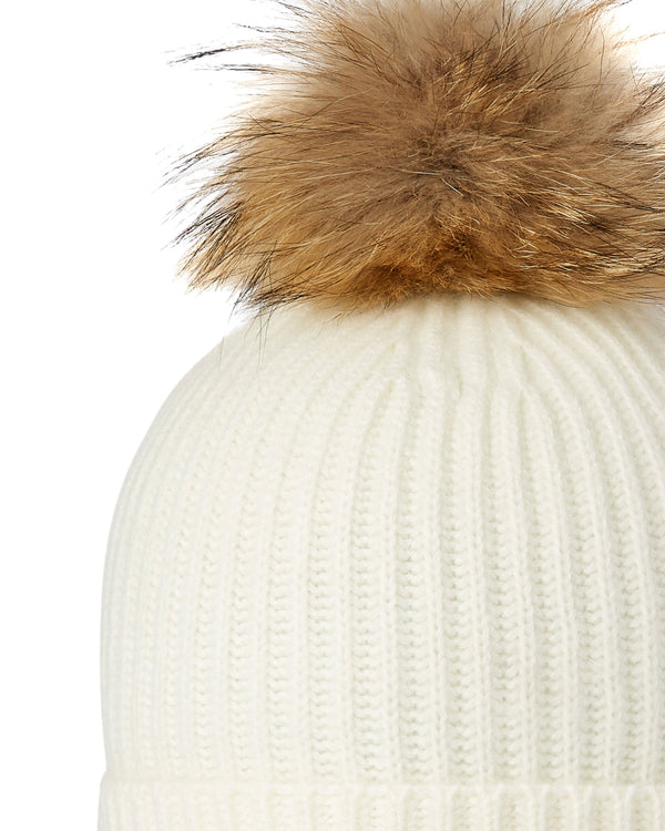 N.Peal Unisex Ribbed Cashmere Hat With Detachable Pom New Ivory White