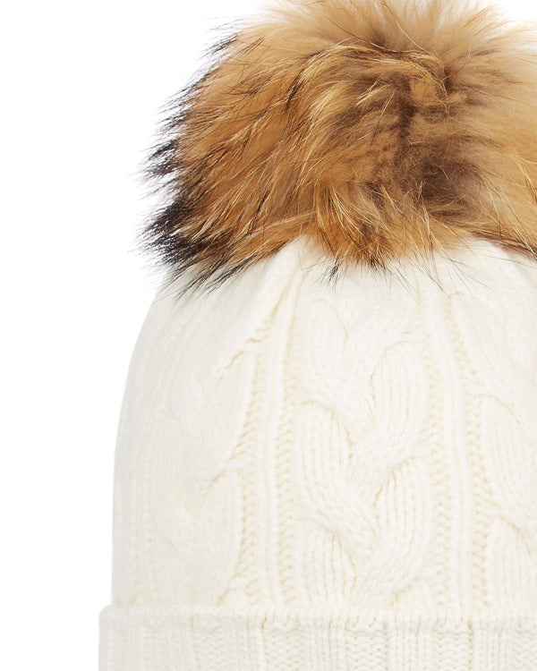 N.Peal Unisex Chunky Cable Raccoon Pom Hat New Ivory White