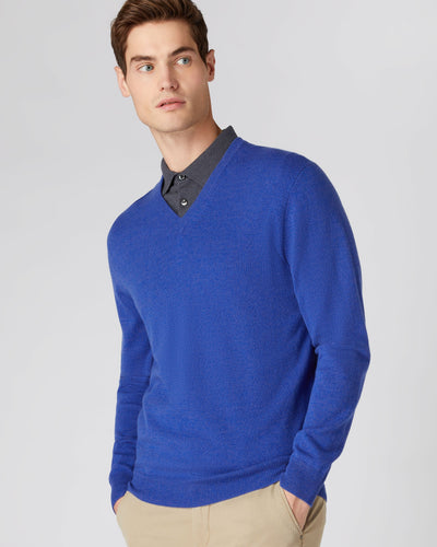 N.Peal Men's The Burlington V Neck Cashmere Sweater Nile Blue