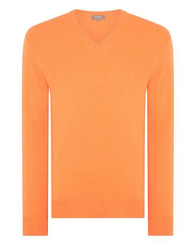 N.Peal Men's The Burlington V Neck Cashmere Sweater Papaya Orange